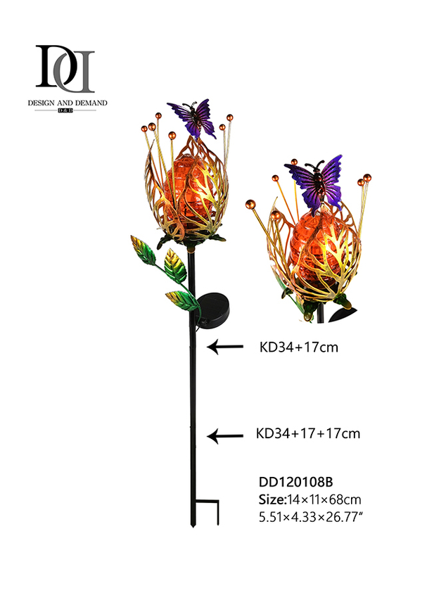 Metal And Glass Solar Garden Stake with Flickering Flame For Outdoor Garden Decoration
